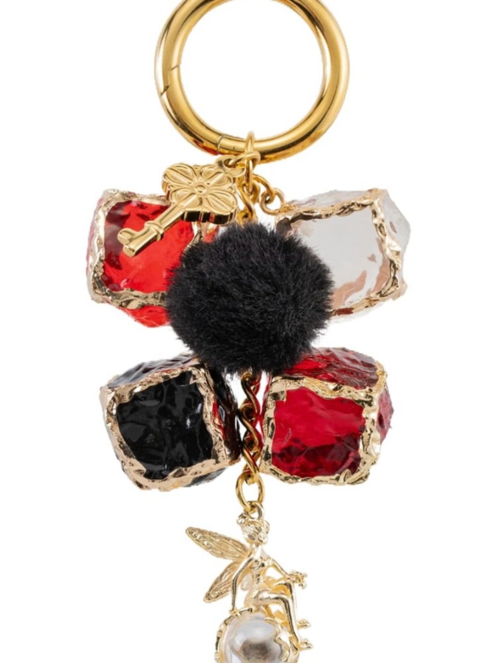 Gold-Tone BAG CHARM  with Red, Black & Clear Crystals and Black Pom NIB